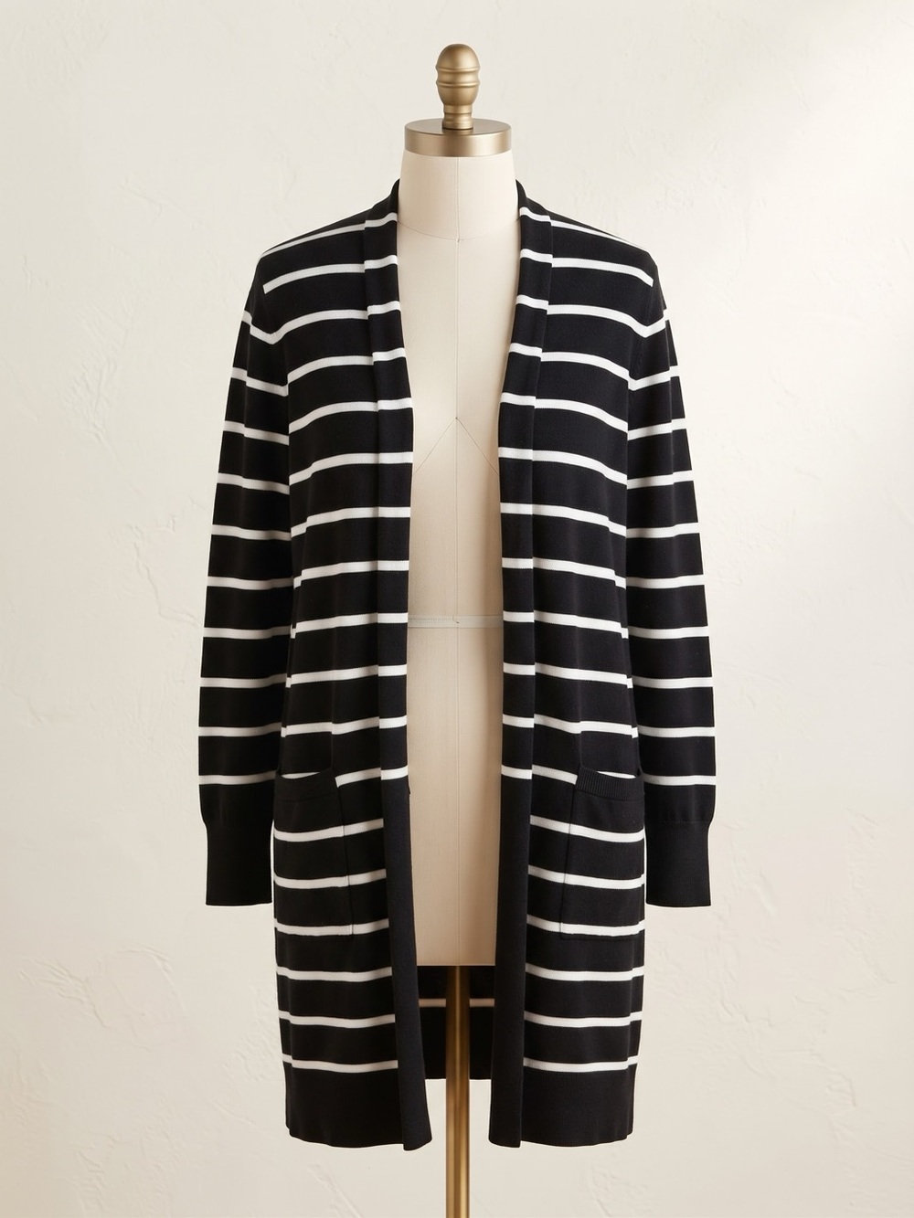 Nine West Black and White Striped Open-Front Long Cardigan